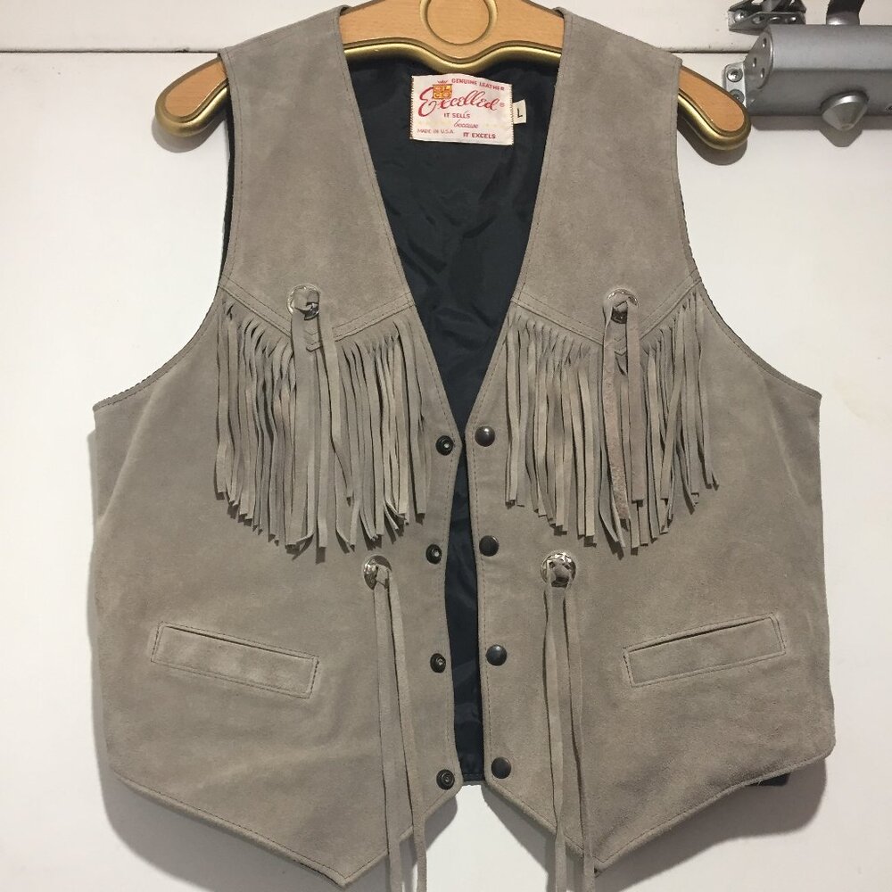 VINTAGE EXCELLED WESTERN SUEDE LEATHER FRINGE VESTS SIZE L